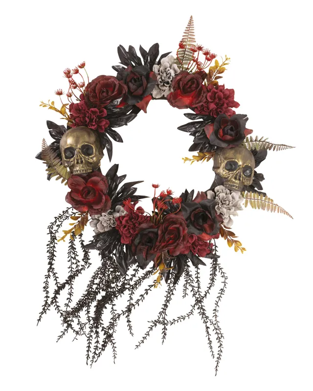 p-tit-clown-halloween-t-rkranz-gold-rot-mit-blumen-und-totenkopf-gruseldeko image 1