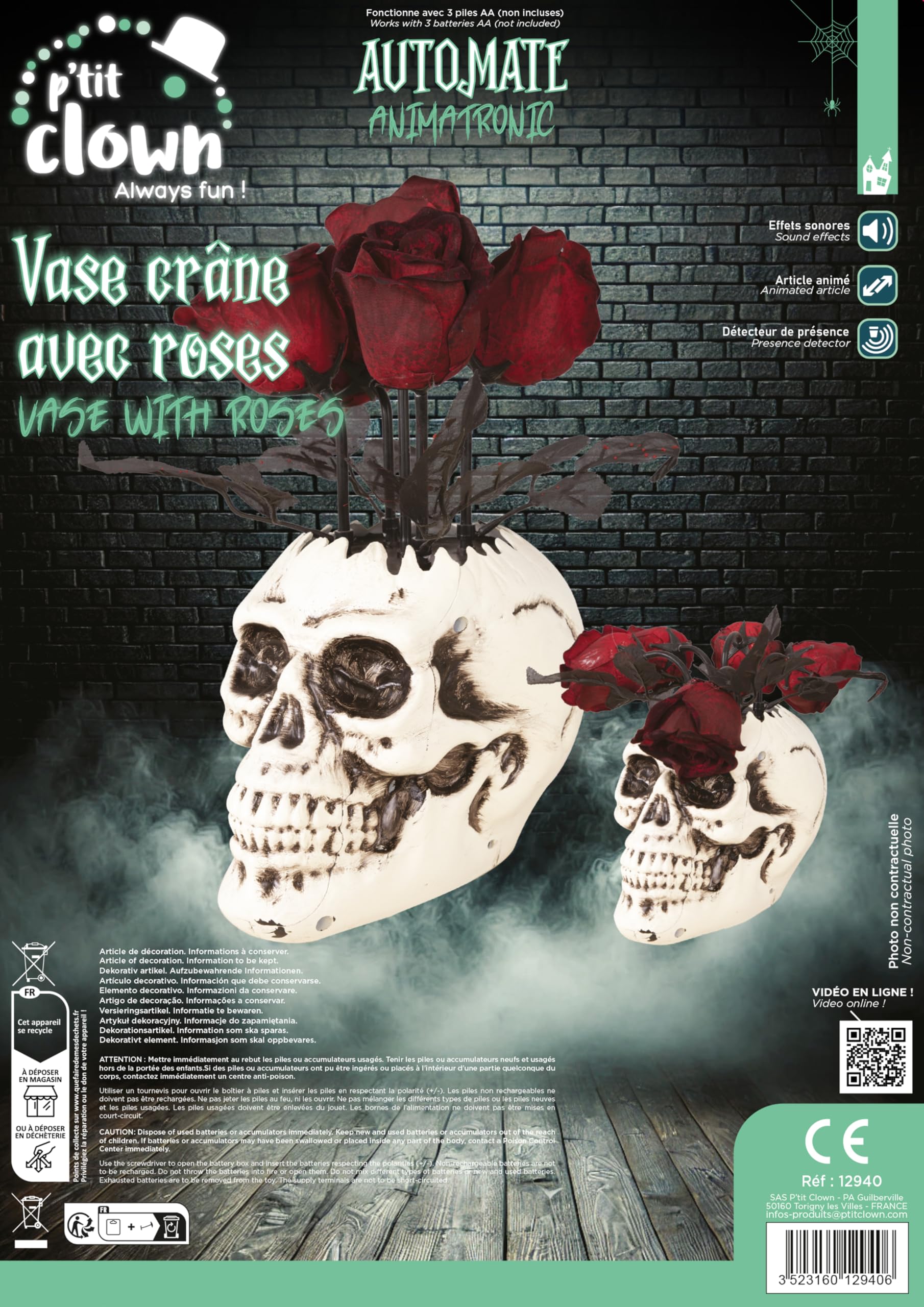 ptit-clown-12940-animierte-totenkopfvase-mit-rosen-30-cm-mit-soundeffekten image 3