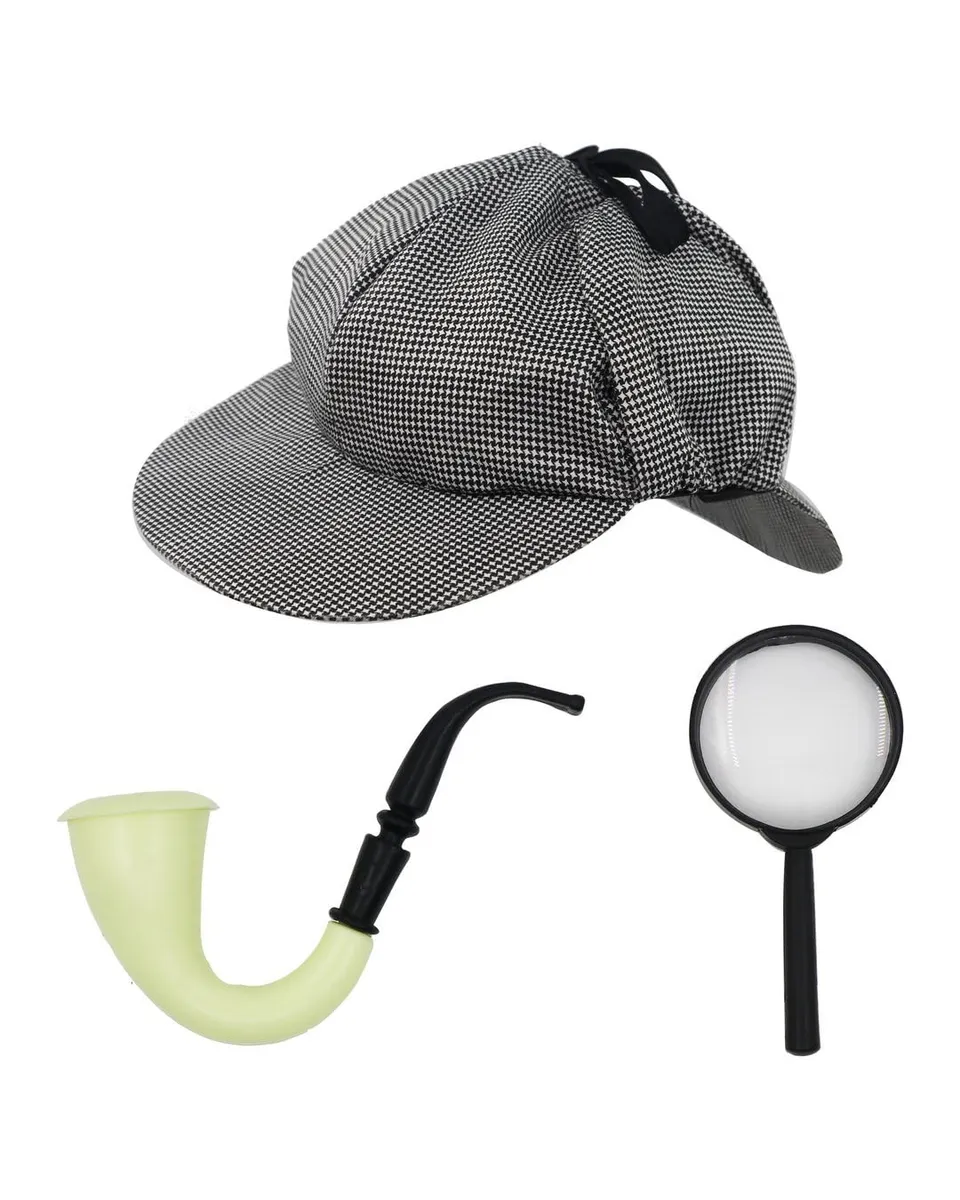 p-tit-clown-detektiv-kost-m-set-grau-schwarz-one-size-kappe-lupe-pfeife image 1