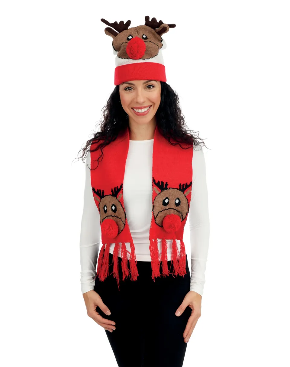 ptit-clown-weihnachts-set-m-tze-schal-rot-rentier-erwachsene-acryl image 1