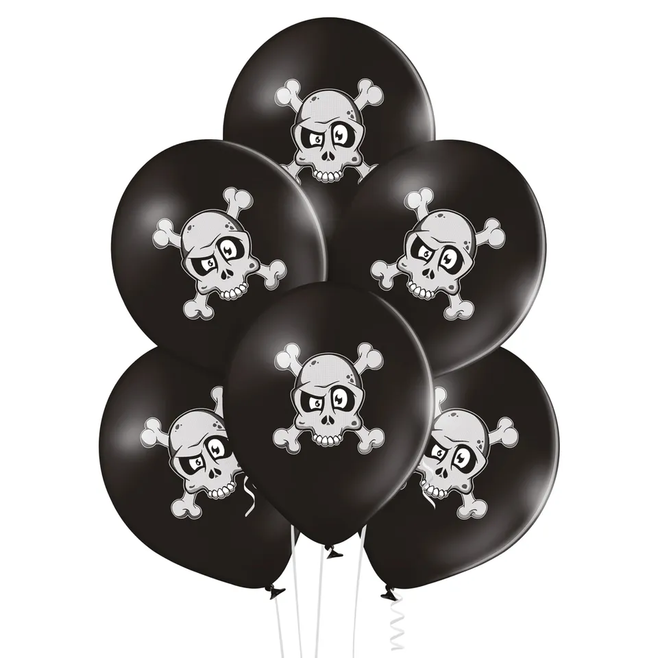 ptit-clown-halloween-ballons-30-cm-8er-set-schwarz-mit-totenkopf-und-knochen image 1