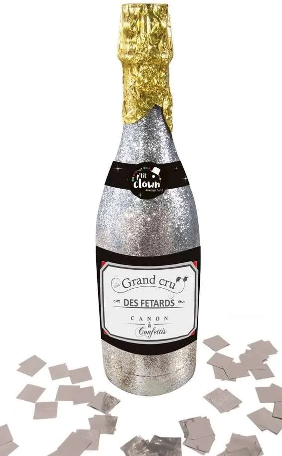 ptit-clown-konfetti-champagnerflasche-32-cm-silber-papier image 1