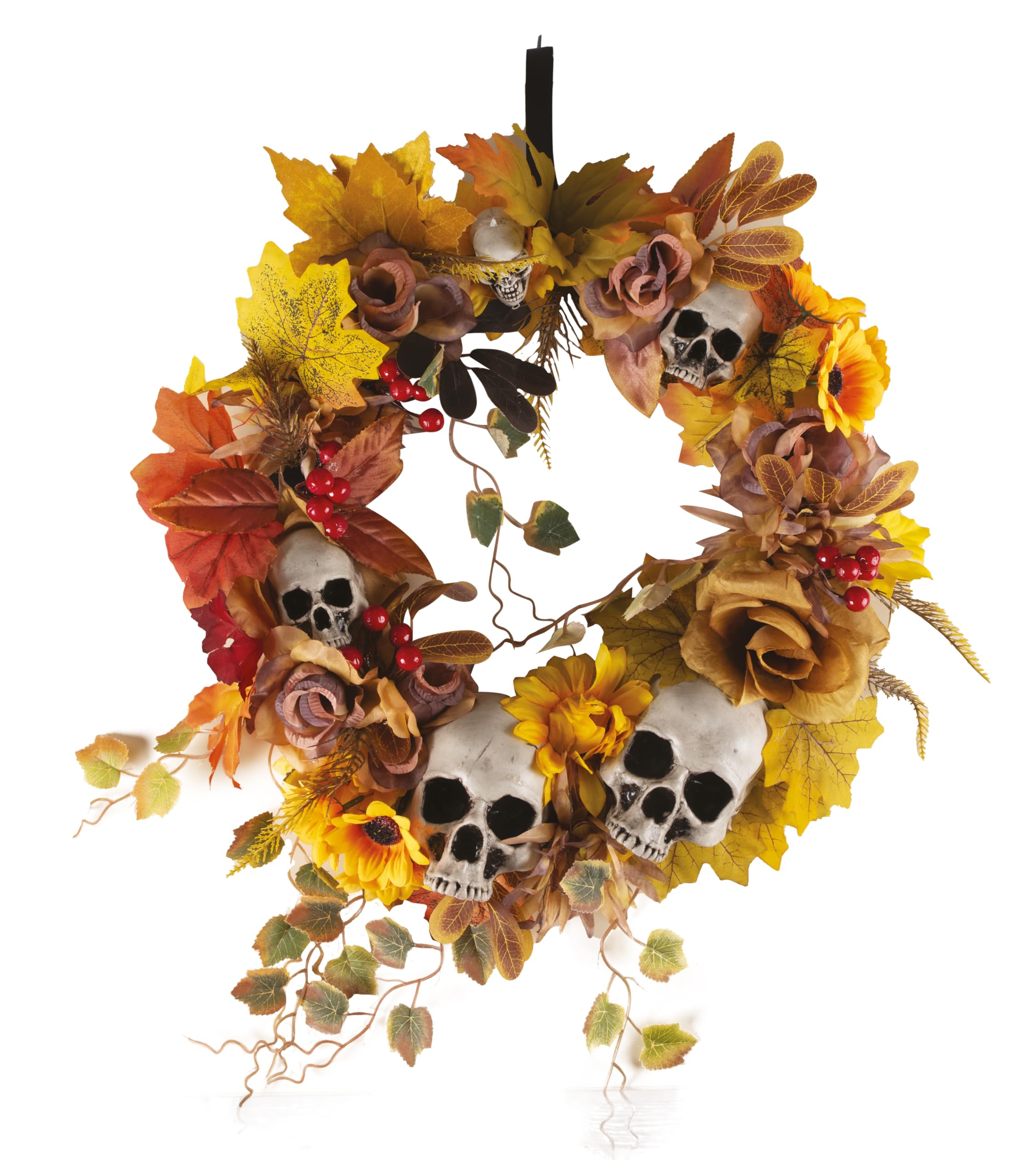 p-tit-clown-halloween-t-rkranz-gold-rot-mit-blumen-und-totenkopf-gruseldeko image 3