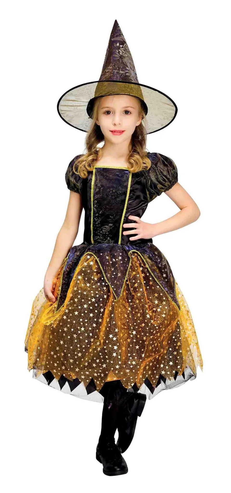 ptit-clown-hexen-kost-m-m-dchen-10-12-jahre-orange-schwarz-mit-hut image 1
