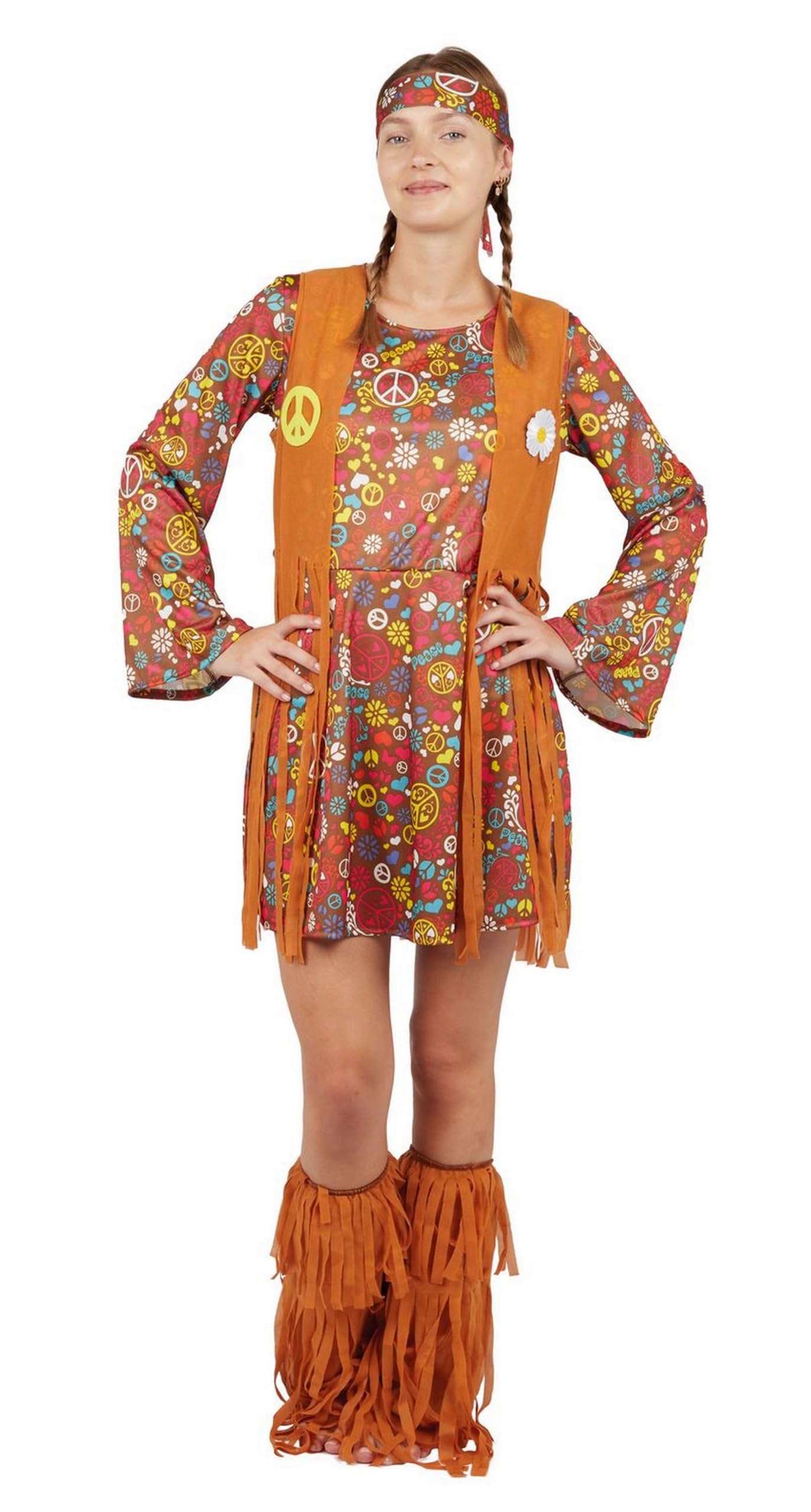 p-tit-clown-hippie-kost-m-damen-70er-flower-power-mit-kleid-weste-leggings-stirn image 4